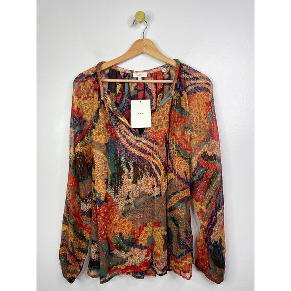 NW T.L.C. Printed Silk V-Neck Curved Hem Long Sleeve Casual Blouse Size: 0 - Picture 2 of 10